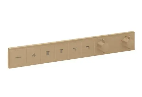 Hansgrohe Thermostat-Armatur mit Steuerung für mehrere Verbraucher, angeordnet auf einem langen, schmalen Panel mit regulierbaren Funktionen für Wasser und Temperatur.